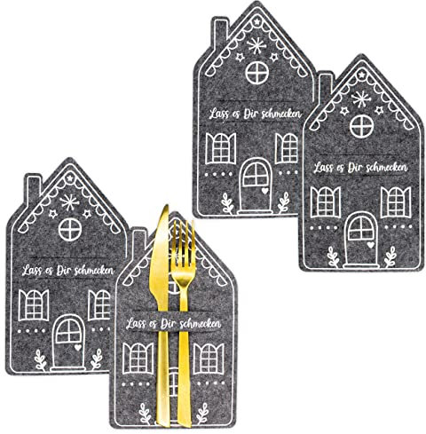 Papierdrachen Weihnachtdekoration Filz Besteckhalter - Motiv Lebkuchenhaus - in Farbe anthrazit mit hochwertiger Bedruckung - festliche Weihnachtsdekoration - Set 4