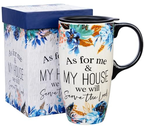 Topadorn 17oz Ceramic Travel Mug with Lid, Christian Bible Verse Mug | Large Ceramic Coffee Mug • Joshua 24:15 Scripture • Comfortable Handle • Microwave & Dishwasher Safe • Gift Box