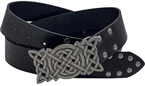 Thajaling Mittelalterlicher keltischer Knotengürtel aus Leder, Wikinger geprägter Rittergürtel, Vintage LARP-Gürtel für Cosplay-Kostümzubehör (Schwarz)