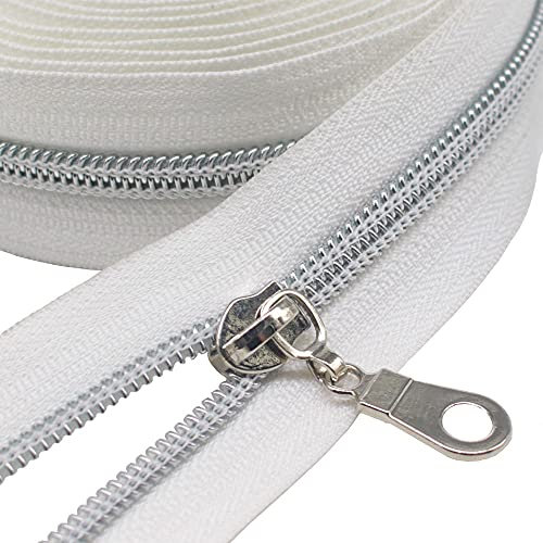 MebuZip 9 m silberfarben endlos Reißverschluss Meterware Reißverschluss Nylon 6mm-Spirale + 25 Nonlock-Zipper für Taschen Deko DIY Basteln Nähen (Silberfarben Weiße)