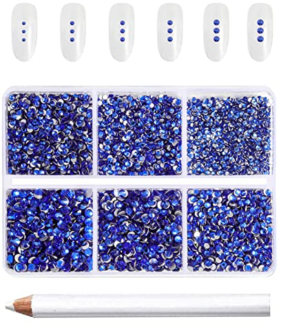 Beadsland 7200pcs Blue Flatback Rhinestones,Nail Gems Round Crystal Rhinestone for Crafts,Mixed 6 Sizes with Wax Pencil Kit, SS3-SS10,Sapphire