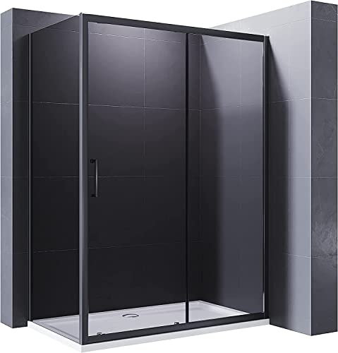 ELEGANT Black 1200x800mm Sliding Shower Enclosure 8mm Easy Clean Glass Shower Cubicle Door with Stone Tray + Side Panel