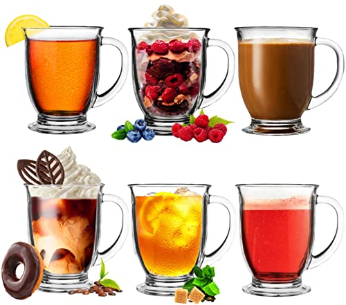 Konzept 11 - Set di 6 bicchieri da tè con manico, bicchieri da caffè 400 ml, XXL, bicchieri da latte macchiato, bicchieri da cocktail, perfetti per tè, caffè, vin brulé, cappuccino, trasparente,