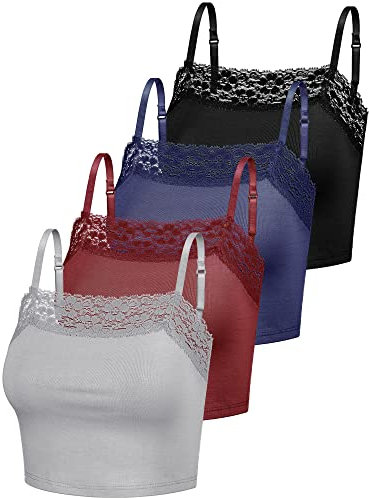 Bencailor 4 Pcs Womens Lace Cami Bralettes Spaghetti Strap Crop Tops Bandeau(Small,Gray, Wine Red, Navy Blue, Black)
