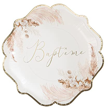 Générique - 8 ASSIETTES CARTON BAPTÊME FLEUR DE COTON 23CM