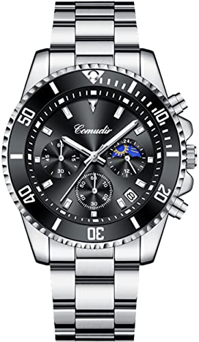 Herren-Armbanduhr, Edelstahl, leuchtend, klassisch, Quarz, analog, 50 m, wasserdicht, mit Chronograph, Alarm, Datum, Schwarz, Armband