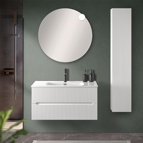 Inbagno Mobile Bagno sospeso cannettato 90 cm Bianco Opaco con 2 cassetti Soft-Close, lavabo in Ceramica e Specchio Tondo a Filo 80 cm, Bali