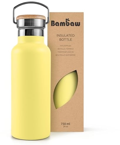 Bambaw Botella térmica 750ml, Botella agua amarilla, Botella agua acero inoxidable 750ml, Botella de agua deportiva, Botella termo, Botella agua 750ml sin BPA – Amarillo girasol