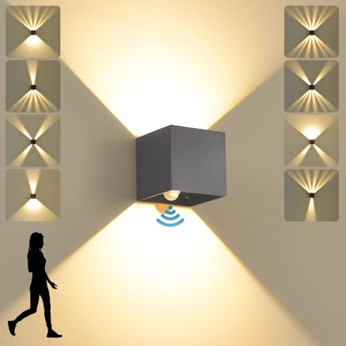 SANSHI LED Wandlampe mit Bewegungsmelder,12W Innen/Aussen Lampe,IP65 Wasserdichte Außen Wandleuchte,3000K Warmweiß Aussenlampe,Modern Aussenleuchte mit Up Down Einstellbar Abstrahlwinkel,Dunkelgrau