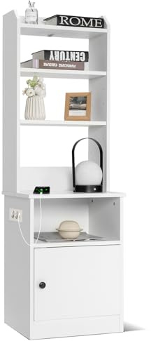 COSTWAY Nachttisch mit Ladefunktion, Nachtschrank mit offenen Regalen und Schrank für Boxspringbett, Beistelltisch mit verstellbarem Regal für Schlafzimmer, Wohnzimmer, 45 x 36 x 140,5 cm, Weiß