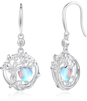FANCIME Colgante de árbol de la vida, pendientes de plata de ley 925, pendientes colgantes de piedras preciosas redondas, piedras de nacimiento, joyas finas, regalos de cumpleaños para mujeres, Plata
