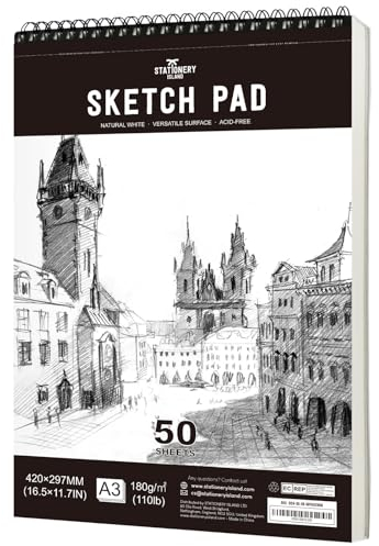 STATIONERY ISLAND Skizzenbuch, A3 Zeichenblock 180 g/m² Dickes Papier, 100 Seiten / 50 Bögen Spiralgebundenes DIN Sketchbook 1 Packungen