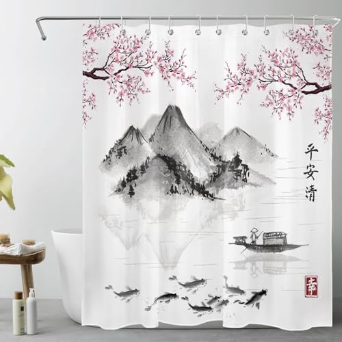 LB Schwarzgrauer Berg Duschvorhang 150x200cm(BxH) Rosa Blumen Japanisch Fisch Antischimmel Wasserdicht Badezimmer Vorhänge, Frühlingslandschaft Weiß Extra Lange Polyester Stoff Bad Vorhang mit Haken
