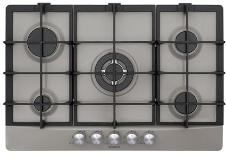 SCHOCK | Piano Cottura 5 Fuochi Gas Primus PC75 con Manopole Milleluci, Griglie in Ghisa, Valvole di Sicurezza, Grigio Tortora, 740x500 mm