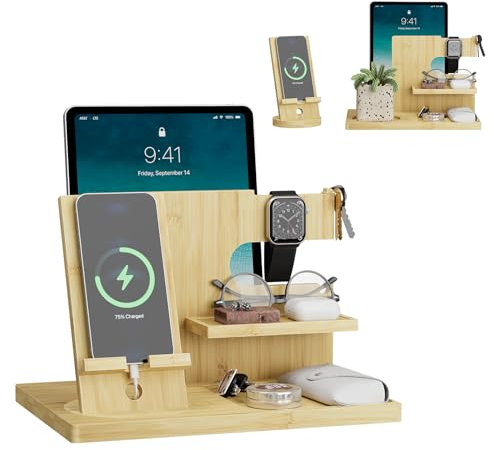 Semiocthome Wood Phone Docking Station with Separate Phone Stand, Bedside Organiser Desk Organiser Presents for Him or Her Anniversary, Birthday Presents for Men Dad Husband Boyfriend Son - Beige
