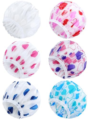 Lawie 6 PCS Large Plastic Shower Caps Waterproof Bath Caps Reusable EVA Satin Lined Shower Hats Adjustable Bathing Hair Caps Bonnets for Women Girls (3 hearts + 3 big dots)