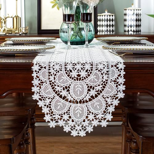 auons Tischläufer Weiße Spitze Kommode Schal Häkeln Pfauenfedern Elegante Makrame Tischläufer für Haus Bankett Hochzeit Festival Party Tischdekoration, 30 x 180 cm