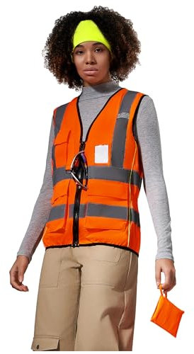 AYKRM leuchtweste damen Arbeitsweste- Warnweste mit Taschen und Reißverschluss, Orange, XS, Reflektierende Sicherheitsweste