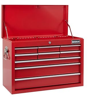 BiGDUG Essentials Tool Chest - 26” 9 Drawer Portable Tool Cabinet - 475H x 660W x 305D mm (Red)
