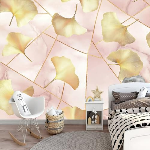 Marbre Géométrie Photo Murale, Feuille de ginkgo en feuille d'or Modèle Papier Peint 200 x 140cm for Boys and Girls Nursery, Baby Bedroom Decor Papier Peint