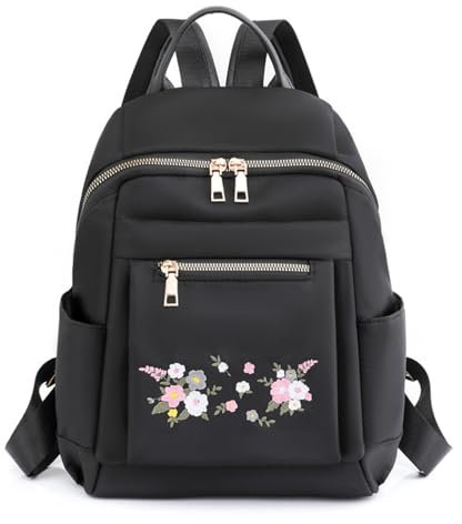 Ogetok Kleine Rucksack-Geldbörse für Damen, kleine schwarze Damenmode-Reiserucksack-Tasche, kleiner Tagesrucksack für Damen, leichte lässige Satchel-Handtaschen-Umhängetasche (gestickte Blumen)