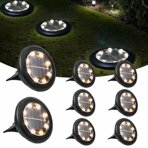 Hqynss Solar Lights Outdoor, 8 Pack IP65 Waterproof LED Ground Lights - Solar Decking Lighting for Garden Pathway, Lawn, Patio & Yard Landscaping (Warm White)