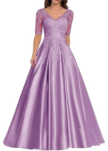 Abendkleid Satin Lang Mutter der Braut Kleider V-Ausschnitt Spitze Applique Ballkleid A-Linie Hochzeitsgast Kleid
