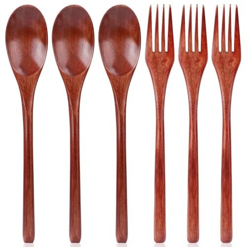 6pcs Wooden Spoons and Forks, 8.86 Inch Wood Spoons Flatware for Eating Reusable Serving Utensils Set for Stirring Cooking Tea Coffee Honey Sugar Jar Condiment Spoons Daily Use