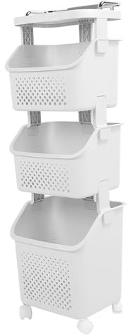 LOCADENCE Wäschekorb mit 4 Rädern, Platz sparende Rolling Wäschekorb, PP ABS Wäsche Regal Kleidung Lagerung Korb Veranstalter, Wäschekorb für Haus Küche Bad (3 Tier)