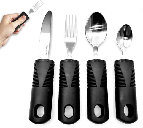 Easy Grip Cutlery Set,LIUHUIZEYU Large Wide Handled Arthritis Hands Aids Cutlery Adaptive Eating Drinking Utensils for Disabled People Elderly Parkinson (4 Piece Black)