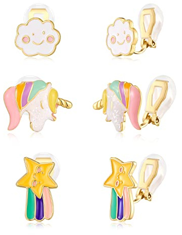 LILIE&WHITE Mädchen Ohrclips mit Wolken, Einhorn und Stern, Bunte, Hypoallergene Clips, Geschenkidee für Kinder, Nicht Verblasst