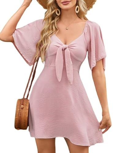 Sukiglam Robe Femme Ete Élégante Trapèze Robes Courte Col en V Nœud Papillon et Manches Courtes Décontractée Mini Robes de Plage Dos Élastique Robe Patineuse