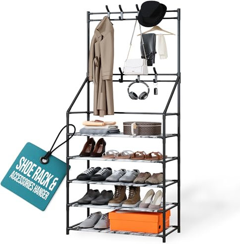 Klass Home Collection 5-Tier Shoe Rack & lightweight Coat Stand, Multipurpose Shoe Storage Organiser with 2 Hanging Rails & 8 Hooks, Hallway Organiser for Shoes & Accessories Storage Rack (Marble)