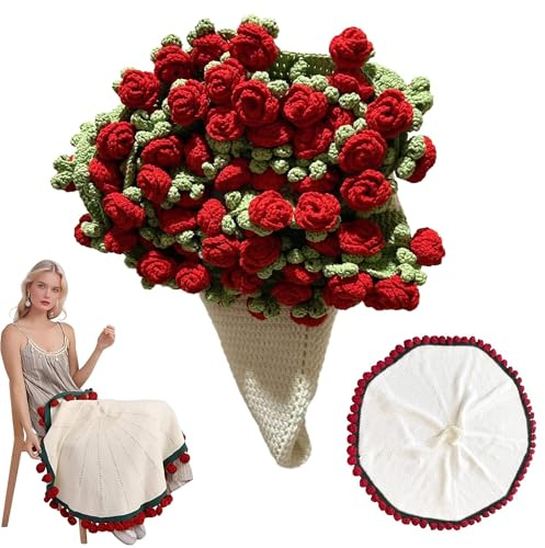 Kicttule Flower Bouquet Blanket Crochet, 32x32 Inch Floral Throw Blanket for Couch & Bed Decor - Soft Machine Washable All-Season Gift for Women (Red)