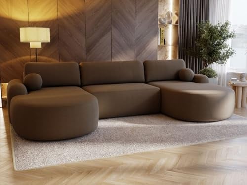 GRAINGOLD Aurio Ecksofa mit Schlaffunktion & Bettkasten 347x177 cm, U-Form Sofa mit Stauraum, Schlafcouch für Wohnzimmer, Bouclé-Stoff, 5-Sitzer Wohnlandschaft, Modernes Design (Braun)