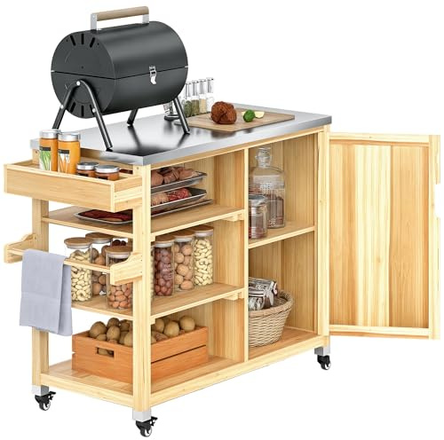 Outsunny Carrito de Parrilla Carrito de Barbacoa con 4 Ruedas Carro de Servicio de Madera Encimera de Acero Inoxidable Toallero y Especiero Estantes Armario para Patio Jardín 134,5x50x91,5 cm Natural