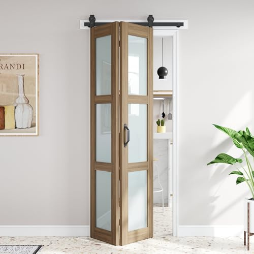 FREDBECK 36X84 Bifold Barn Door Glass,3 Panel,Brown,Fit for 32-34 Opening