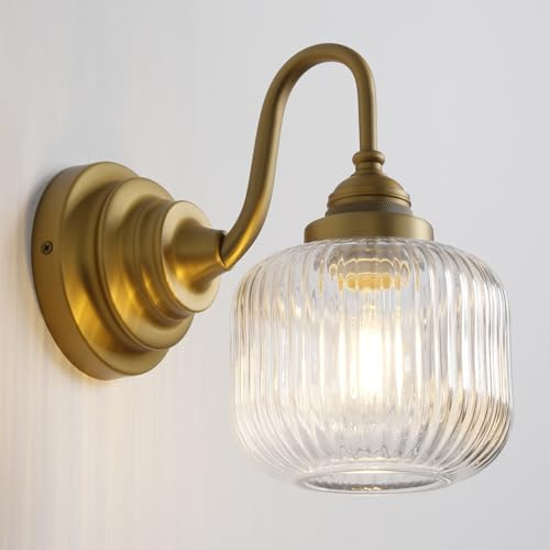 SongCiLT Gooseneck Wall Light with Clear Striped Glass Shade Hardwired, Vintage Industrial Wall Sconce Vanity Light Fixture for Bathroom Kitchen Living Room Bedroom