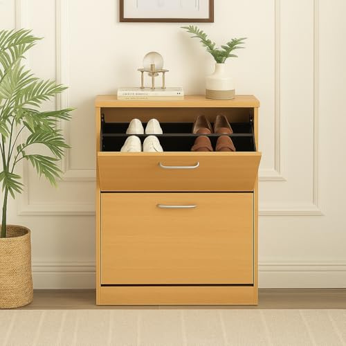 Home Treats 2 Drawer Shoe Cabinet Hallway Storage Shoe Rack Wooden Trainer Storage Organiser Narrow Entryway Shoe Cupboard 8 Pairs Flip Doors (Beech)
