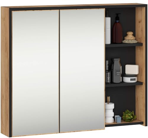 AKORD Armoire de Salle de Bain Miroir VAMI 90 cm - Rangement Mural 2 Portes 6 Étagères - Meuble avec Compartiments Ouverts - Miroir Rangement SDB - 90x75x15 cm - Chêne Craft & Noir