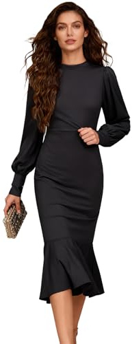 GOZINA Elegant Puff Sleeve Midi Dress for Women UK, Bodycon Ruffle Hem Design, Wedding Guest Outfit, Cocktail Party & Evening Formal Wear