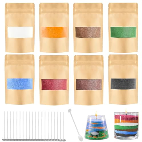 ZoneYan 8 Farben Kerzensand, Kerzensand mit 20 Docht, 400g Pflanzliches Kerzenwachs, Kerzenwachs Granulat, Wachsgranulat für Kerzen, Kerzen Sand für kreative Dekorationen (A)