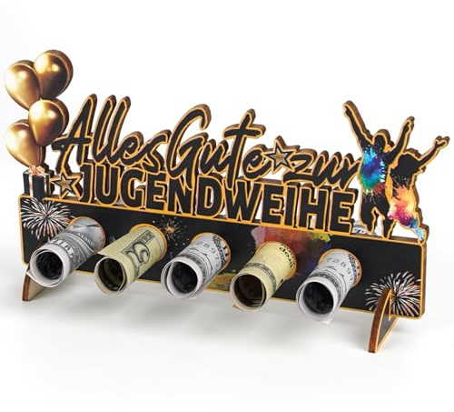Holz Geldgeschenk Jugendweihe, Geschenke für Jungen und Mädchen, Kreative Geldgeschenke Verpackung mit 5 Slots für Geldscheine, Alles Gute zur Jugendweihe Geschenkidee (Schwarz mit Gold)