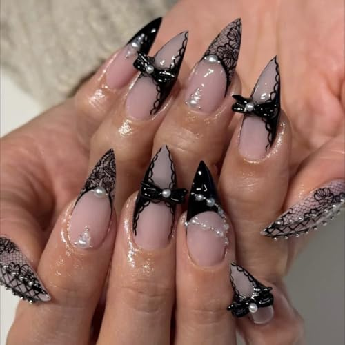 24pcs French Tip False Nails Medium Almond Press on Nails, Black, 3D Bow | Lace Pearl Design, Nude Pink Stick on Nail Tips, Removable, Glue-on Fake Nail Art Gothic Y2K Accessories for Women