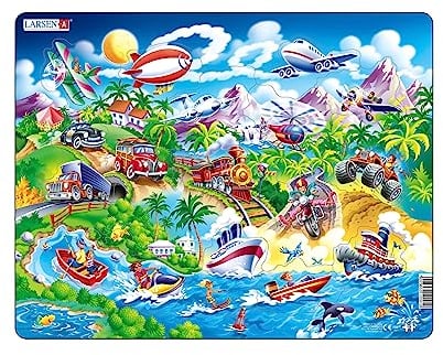 Larsen NM7 Rahmenpuzzle für Kinder I Autos, Boote, Zug & Flugzeuge I Puzzle ab 2 Jahre I Schönes Kinderpuzzle mit 18 Teilen I Spiel, Spaß & Lernen