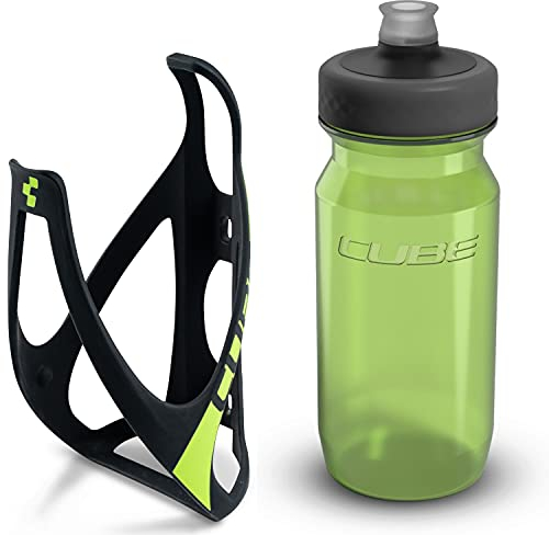 Cube HPP Cage - Matt Black/Green & Grip Bottle - Green, 750ml / Water Drink Flask Vessel Bidon Holder Mount Bracket Kit Lightweight Plastic Drinking Hydration Biking Bike Riding Frame Accessories
