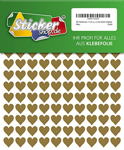 260 Klebeherzen, 15 mm, gold, aus PVC Folie, wetterfest, Herz Sticker Aufkleber