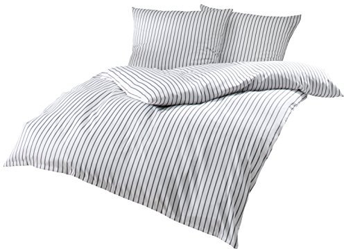 Mako Satin Bettwäsche grau weiß gestreift 220x240 + 2X 80x80 cm, 100% Baumwolle mit Reißverschluss