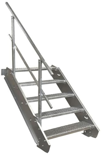 SRM Design 5 Stufen Stahltreppe Breite 70 cm verzinkt 1x Geländer | Geschosshöhe 70 - 105 cm feuerverzinkt Robuste Außentreppe Geschosstreppe Wangentreppe Stabile Industrietreppe Außenbereich
