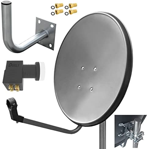 60 cm HD Sat Anlage Quad LNB Digital + Wandhalter 25 cm + 4X F-Stecker 4 Teilnehmer Antenne Grau UHD 4K